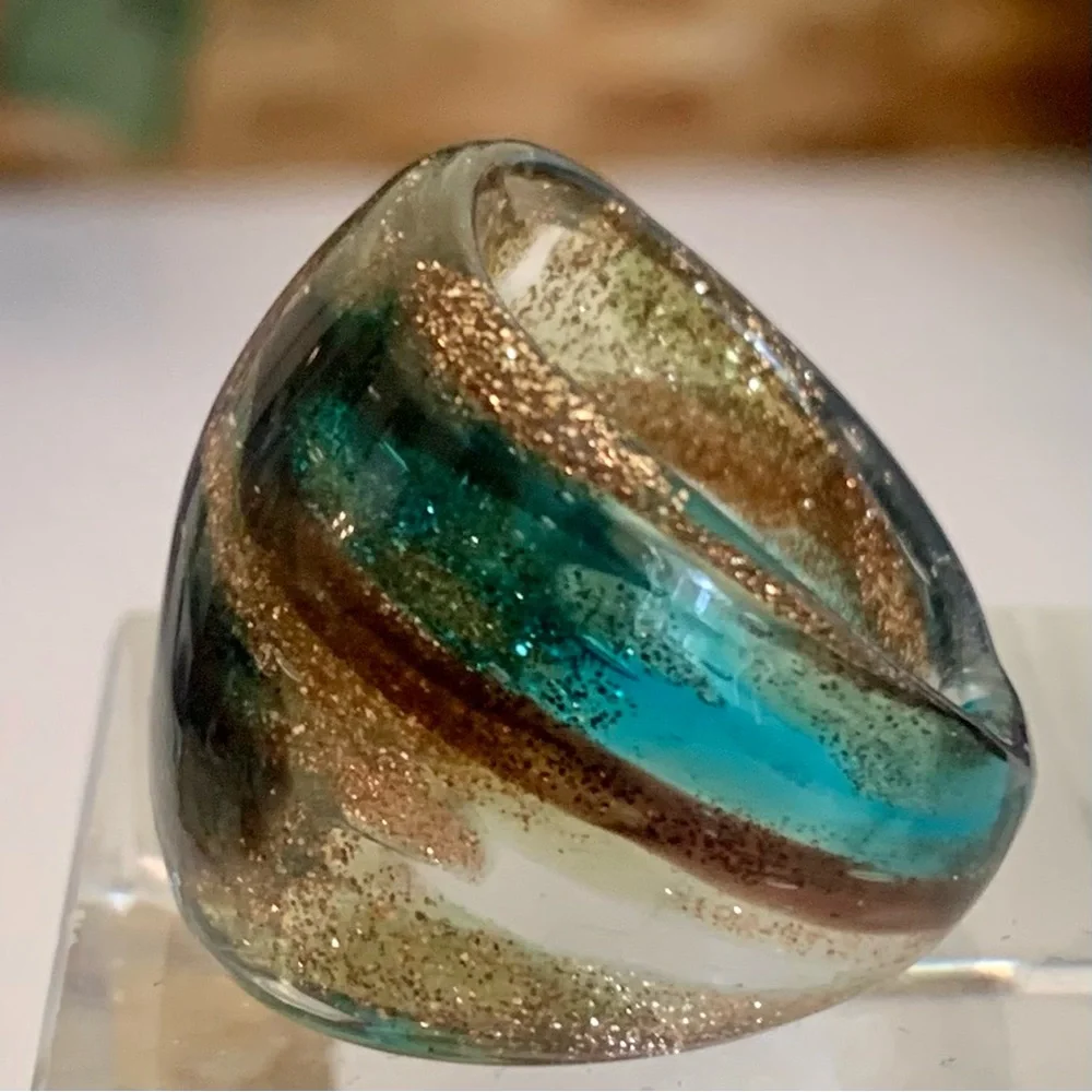 Vintage Murano Style Solid Glass Hand Blown Blue Gold Foil Artisan Ring Size 6